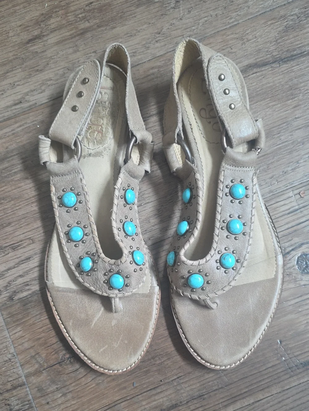Latigo Tan Leather T-Strap Sandals with Turquoise Accents